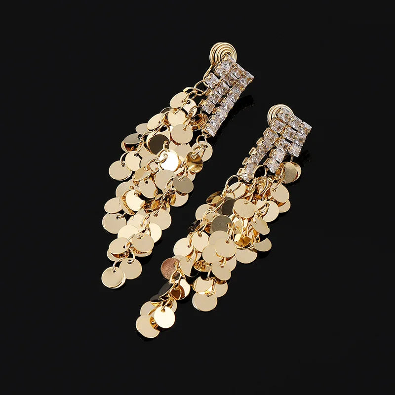 Luxury Gold Rhinestone Bar Spiral Disc Sequin Long Tassel Stud & Clip On No Piercing Earrings
