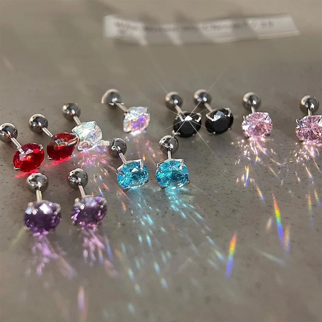 304 Stainless Steel Screw Back Stud Earrings With Colorful Zircon Round Geometric Minimalist Design