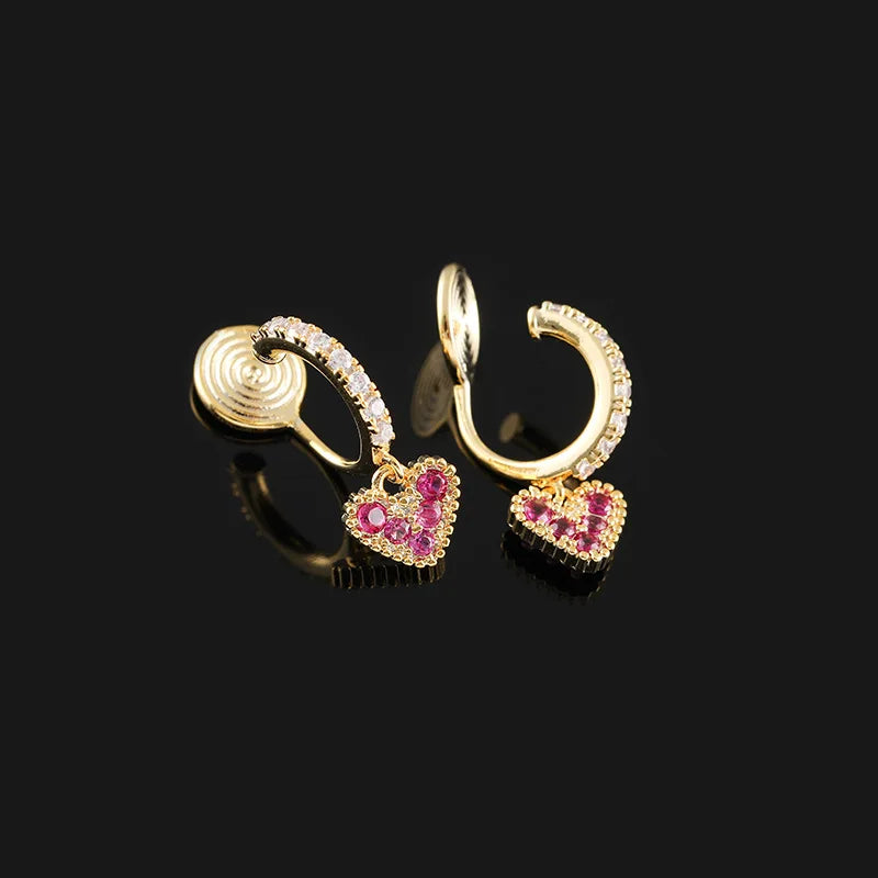 Luxury Red Rhinestone Heart Dangle Stud & Clip On No Piercing Gold Alloy Hoop Ear Cuff Earrings