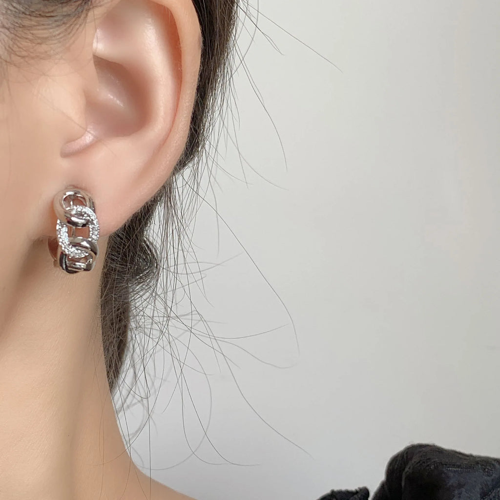 Luxury Gold Alloy Chain Hoop Stud & Clip On No Piercing Rhinestone Chunky Link Women's Earrings