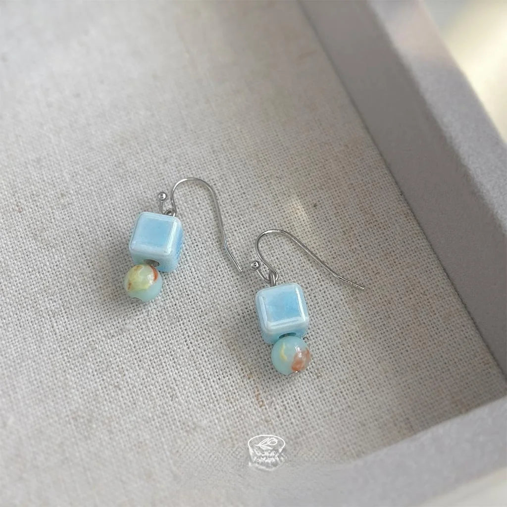 New Chinese Vintage Shoushan Stone Ceramic Geometric Drop Earrings Handmade Designer Jewelry