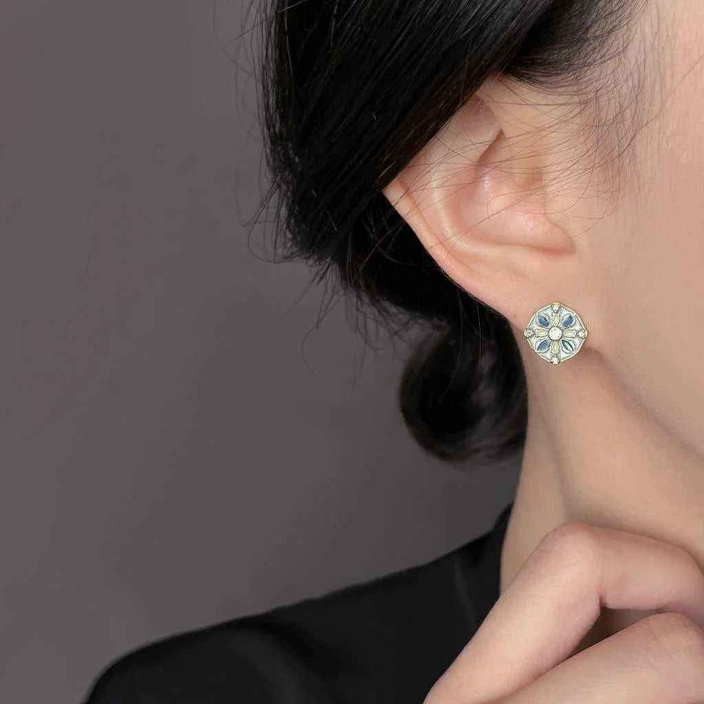 Vintage Chinese Style Enamel Geometric Stud Earrings Copper For Women