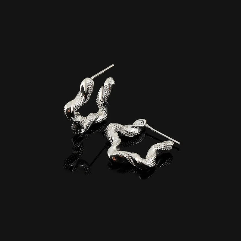 Elegant Silver Alloy Five Point Star Hoop Stud & Clip On No Piercing Wavy Textured Fashion Earrings
