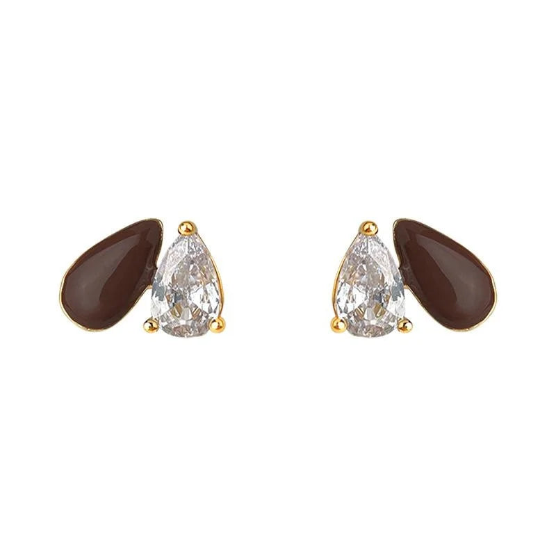 Minimalist Teardrop Zircon Copper Stud Earrings With 14K Plating And Enamel Drip Design