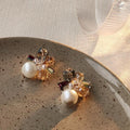 French Vintage Floral Pearl Crystal Stud Earrings, Handmade Silver-Plated Statement Jewelry