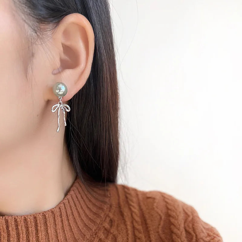 Elegant Sweet Pearl Bowknot Long Tassel Alloy Spiral Disc Stud & Clip On No Piercing Earrings