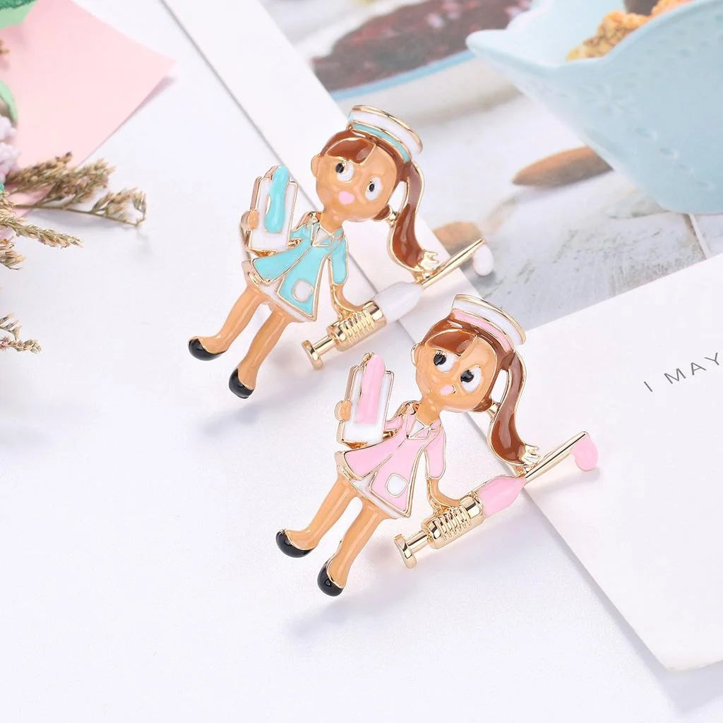 Cute Enamel Alloy Nurse Girl Brooch With Syringe, Fashion Lapel Pin Suit Accessory Gift For Women
