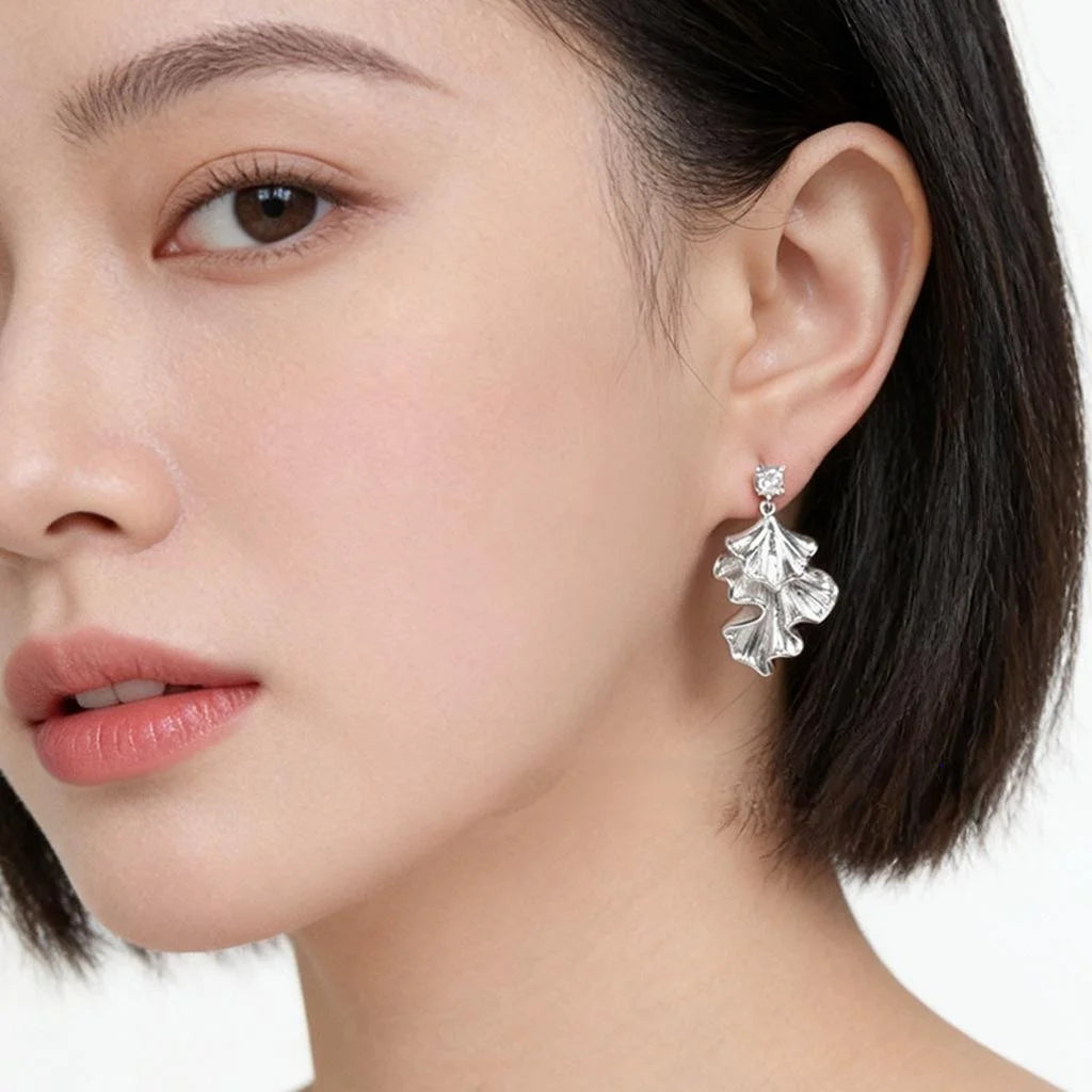French Elegant Copper Zircon Ginkgo Leaf Pleated Tassel Drop Earrings Luxury Geometric Jewelry