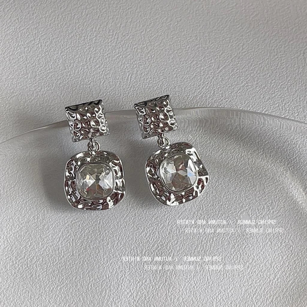 Silver Plated Metal Square Geometric Drop Earrings Minimalist Commuter Style Jewelry for Women