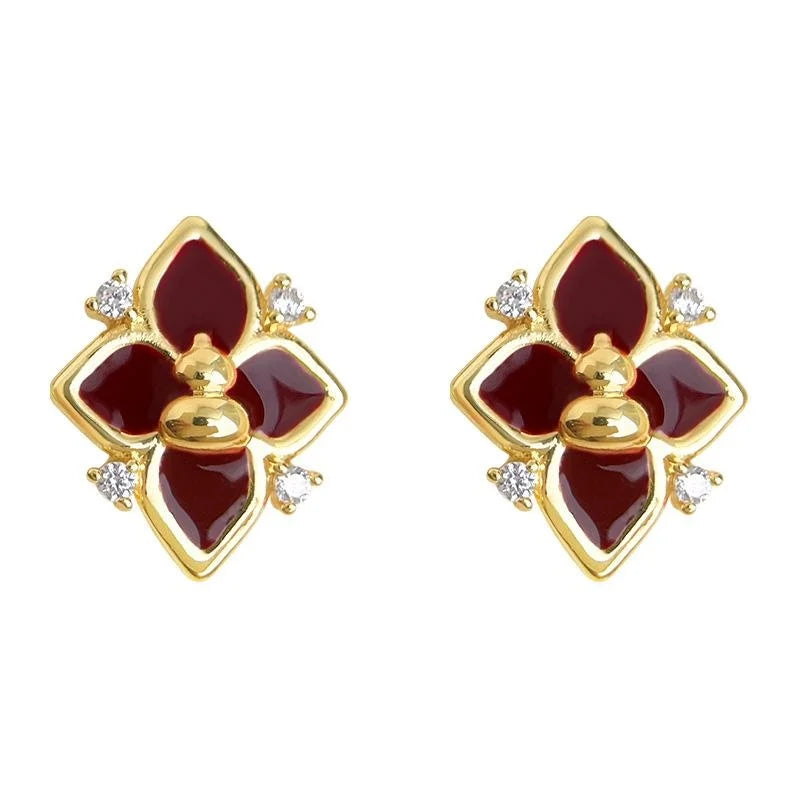 Hepburn Style Burgundy Enamel Gourd Flower Zircon Copper Stud Earrings