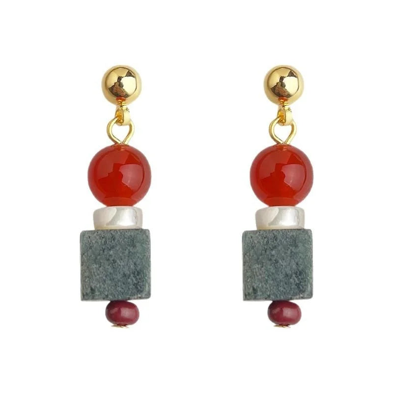New Chinese Style Red Agate Shell Natural Stone Geometric Handmade Drop Earrings For Women