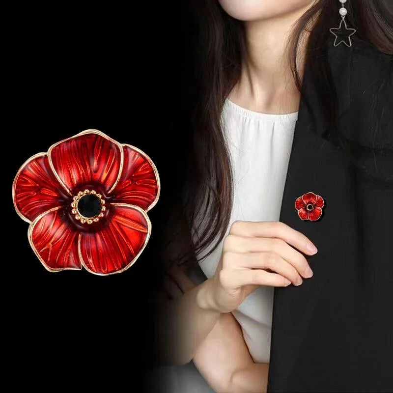Elegant Red Enamel Poppy Flower Alloy Brooch With Black Rhinestone Center, Women's Lapel Pin Gift