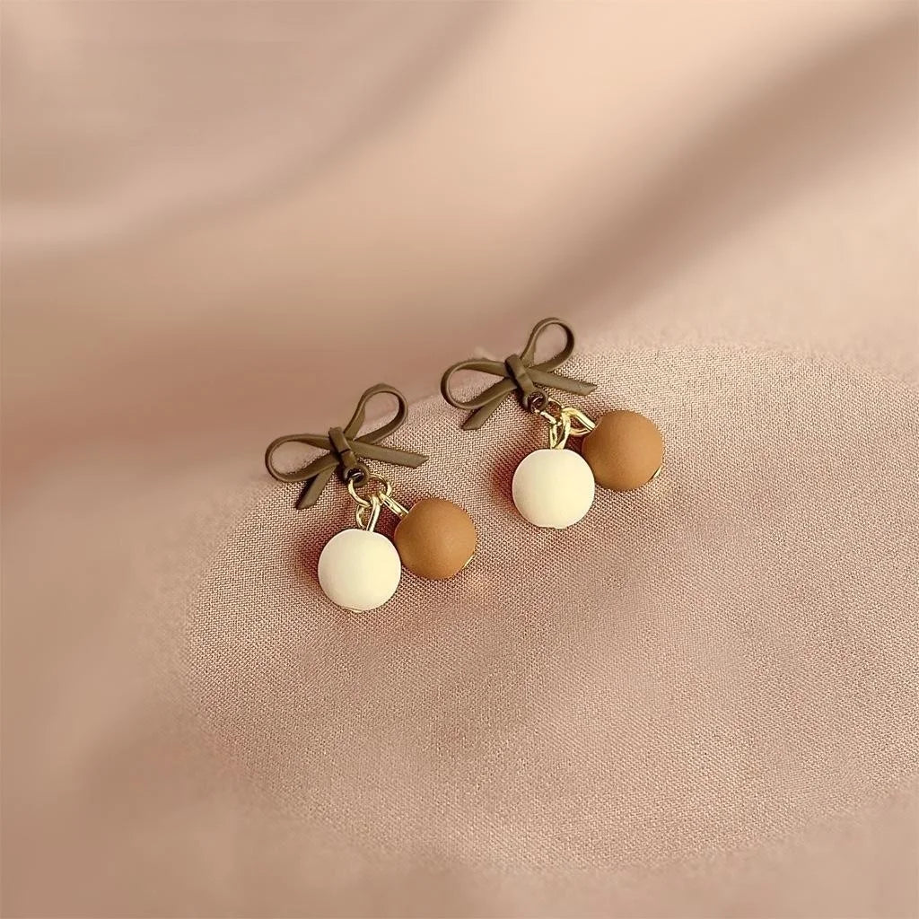 Maillard Brown Bow Cherry Drop Earrings Copper Sweet Autumn Winter Jewelry