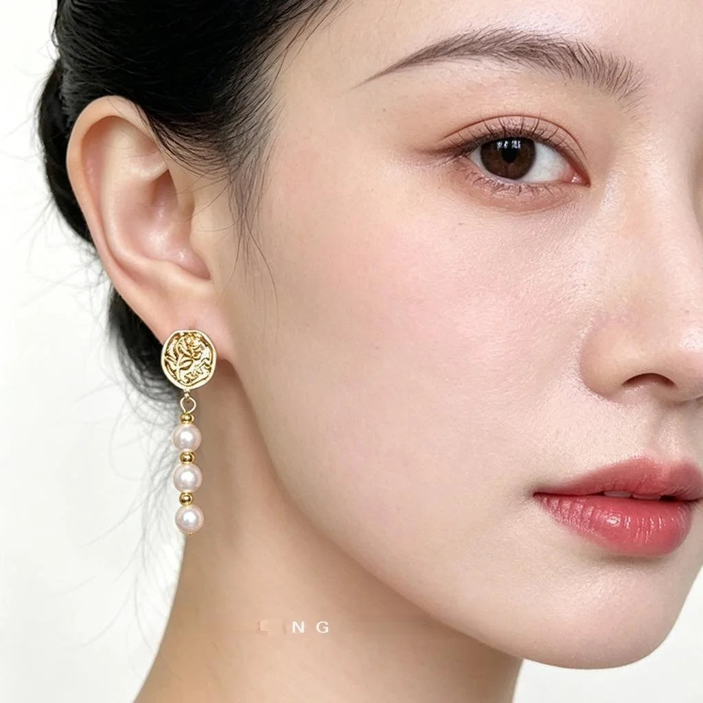 Designer 14K Gold Plated Copper Pearl Tassel Drop Earrings Floral Geometric Office Jewelry