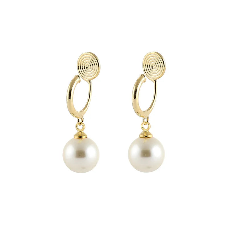 Elegant Pearl Drop Spiral Hoop Alloy Stud & Clip On No Piercing Gold Tone Dangle Ear Cuff Earrings