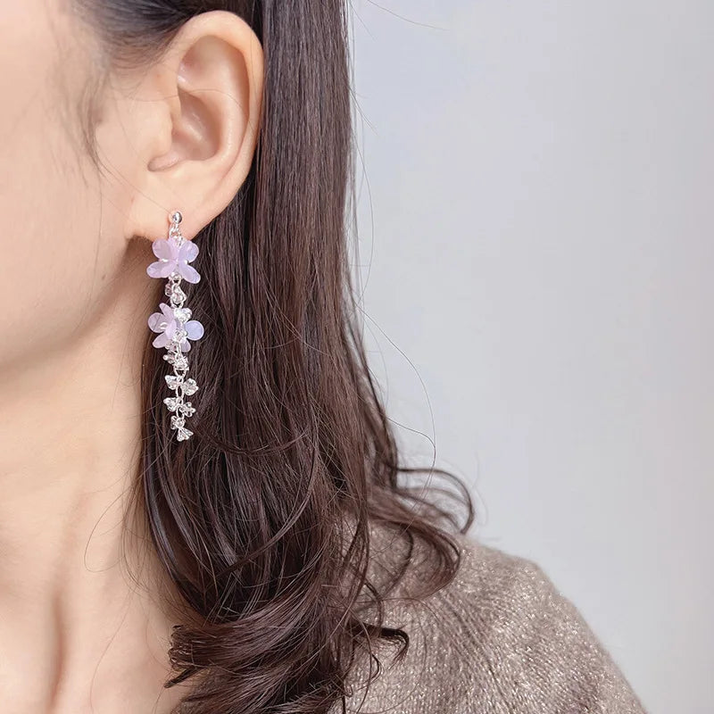 Elegant Light Purple Flower Crystal Long Tassel Stud & Clip On No Piercing Silver Alloy Earrings