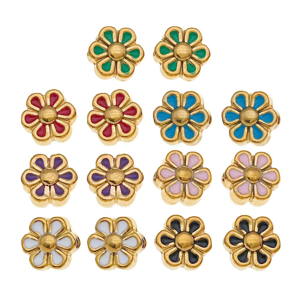 Enamel Stainless Steel Daisy Flower Double Sided Beads with Hole for DIY Bracelet Jewelry