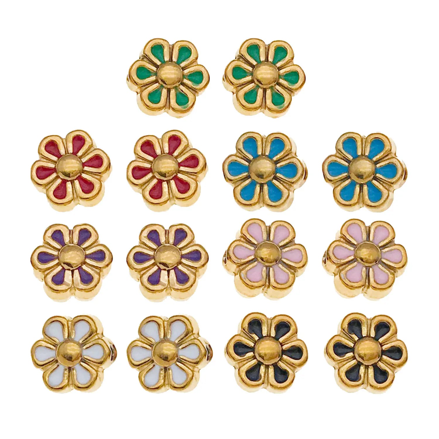 Enamel Stainless Steel Daisy Flower Double Sided Beads with Hole for DIY Bracelet Jewelry