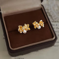 14K Plated Zircon Pearl Osmanthus Flower Stud Earrings Minimalist Luxury Floral Jewelry