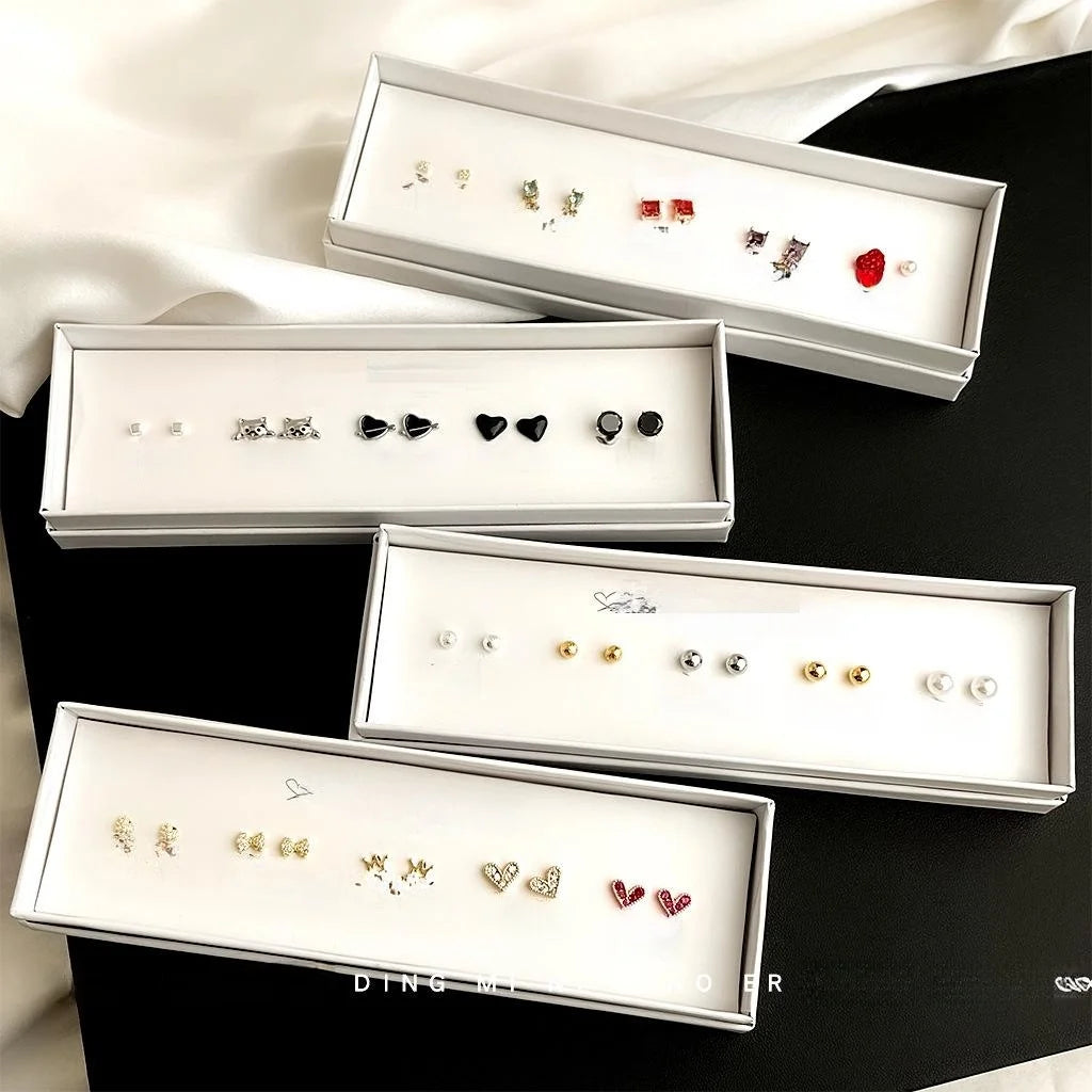Simple Copper Stud Earrings For Women, Heart Bow Square Circle Geometric Gift Box