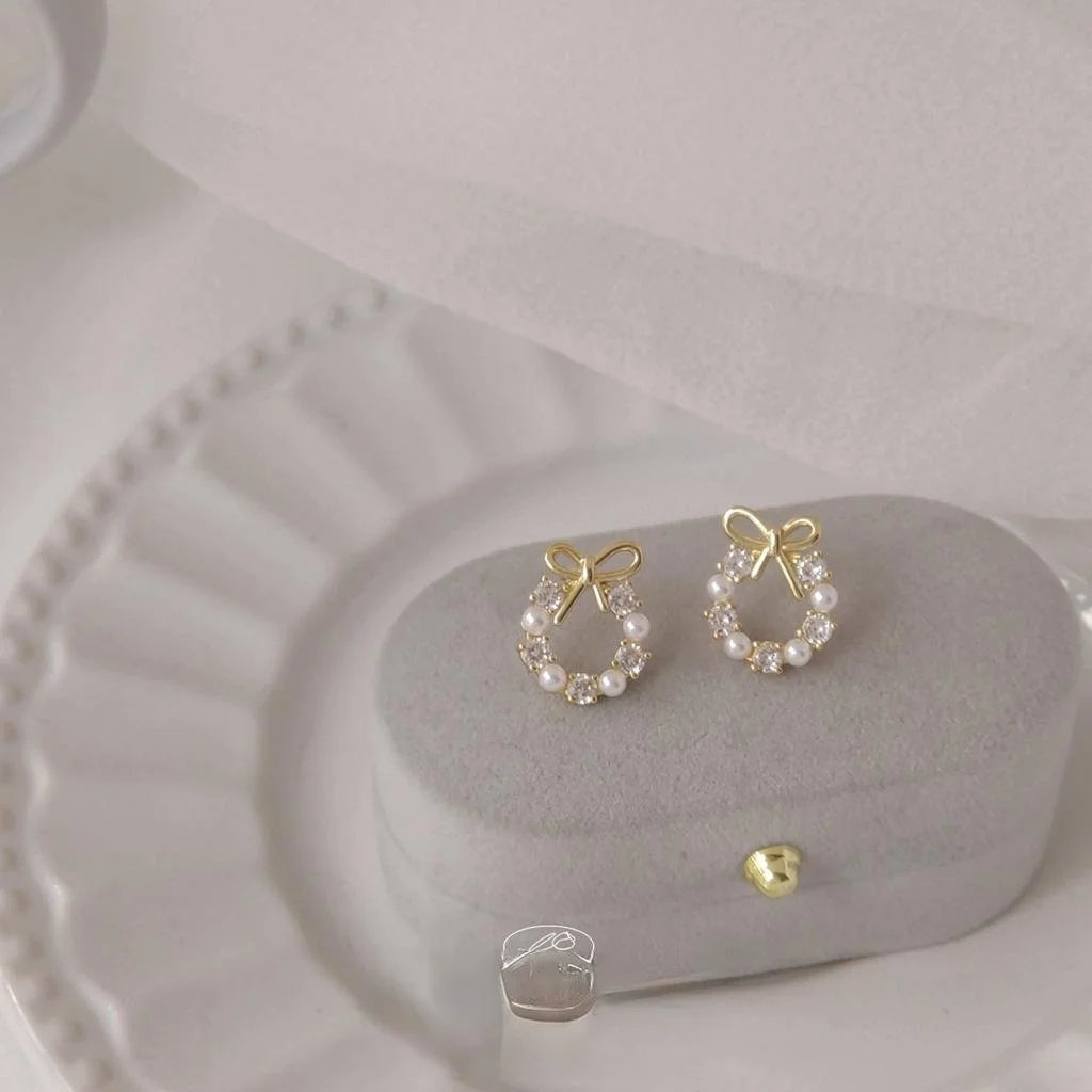 14K Gold Plated Copper Micro Pave Zircon Bow Stud Earrings Sweet Korean Style