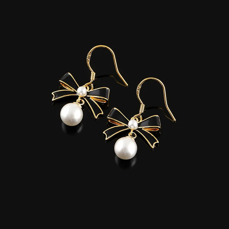 Elegant Black Enamel Bow Faux Pearl Drop Stud & Clip On No Piercing Alloy Fashion Earrings