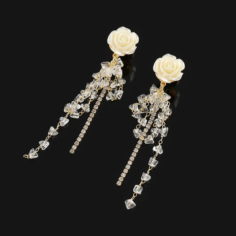 Elegant Camellia Flower Crystal Rhinestone Long Tassel Stud & Clip On No Piercing Earrings