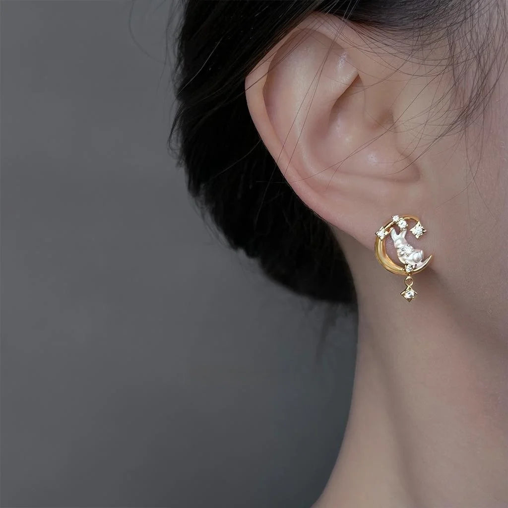 14K Plated Copper Moon Rabbit Micro Pave Zircon Stud Earrings Sweet Vacation Jewelry