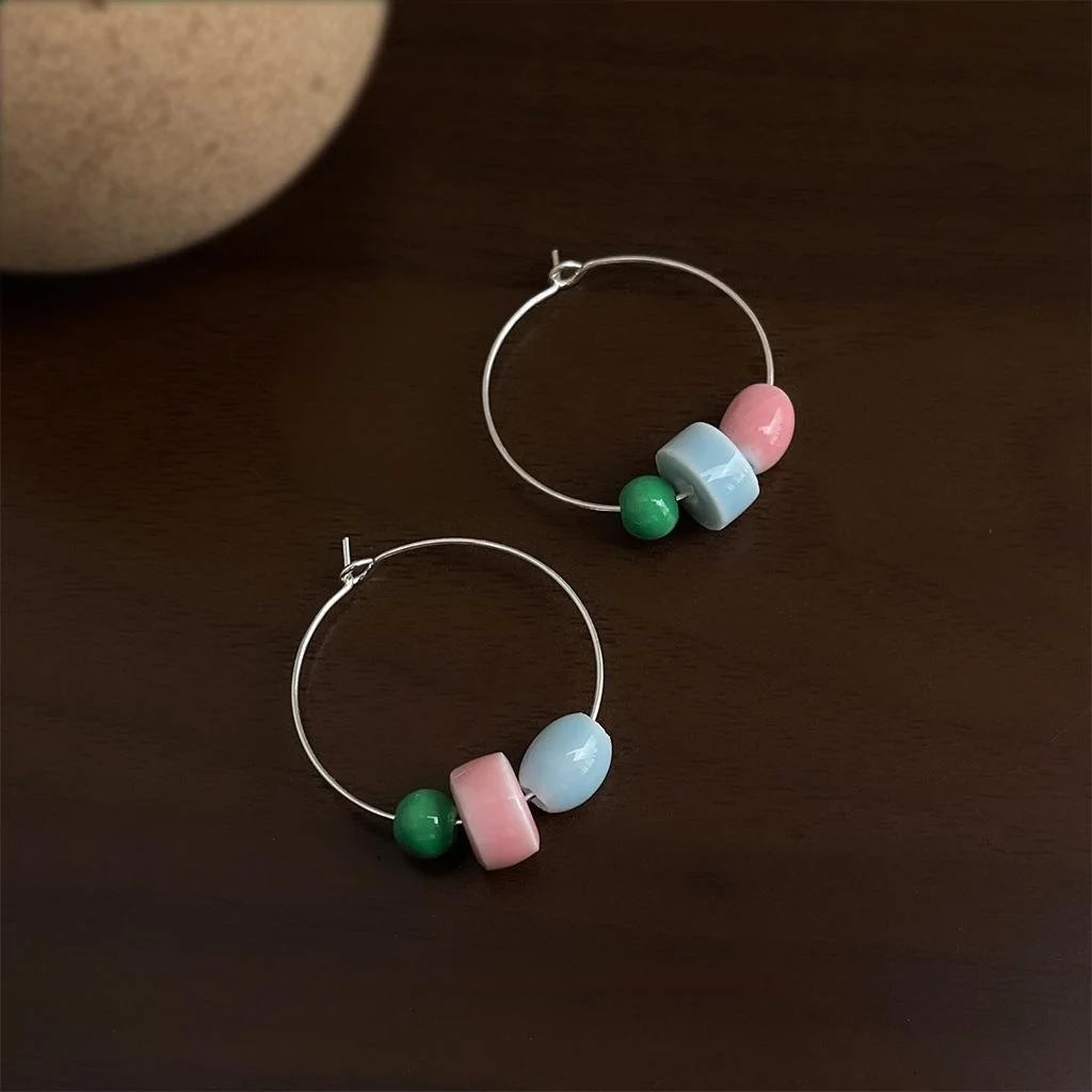 Ethnic Style Handmade Glazed Ceramic Geometric Round Square Drop Earrings for Women