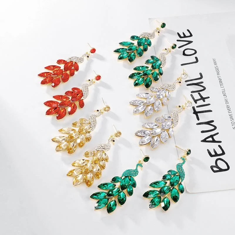 Elegant Green Peacock Crystal Rhinestone Drop Earrings Luxury Alloy Statement Jewelry For Wedding Party Gift