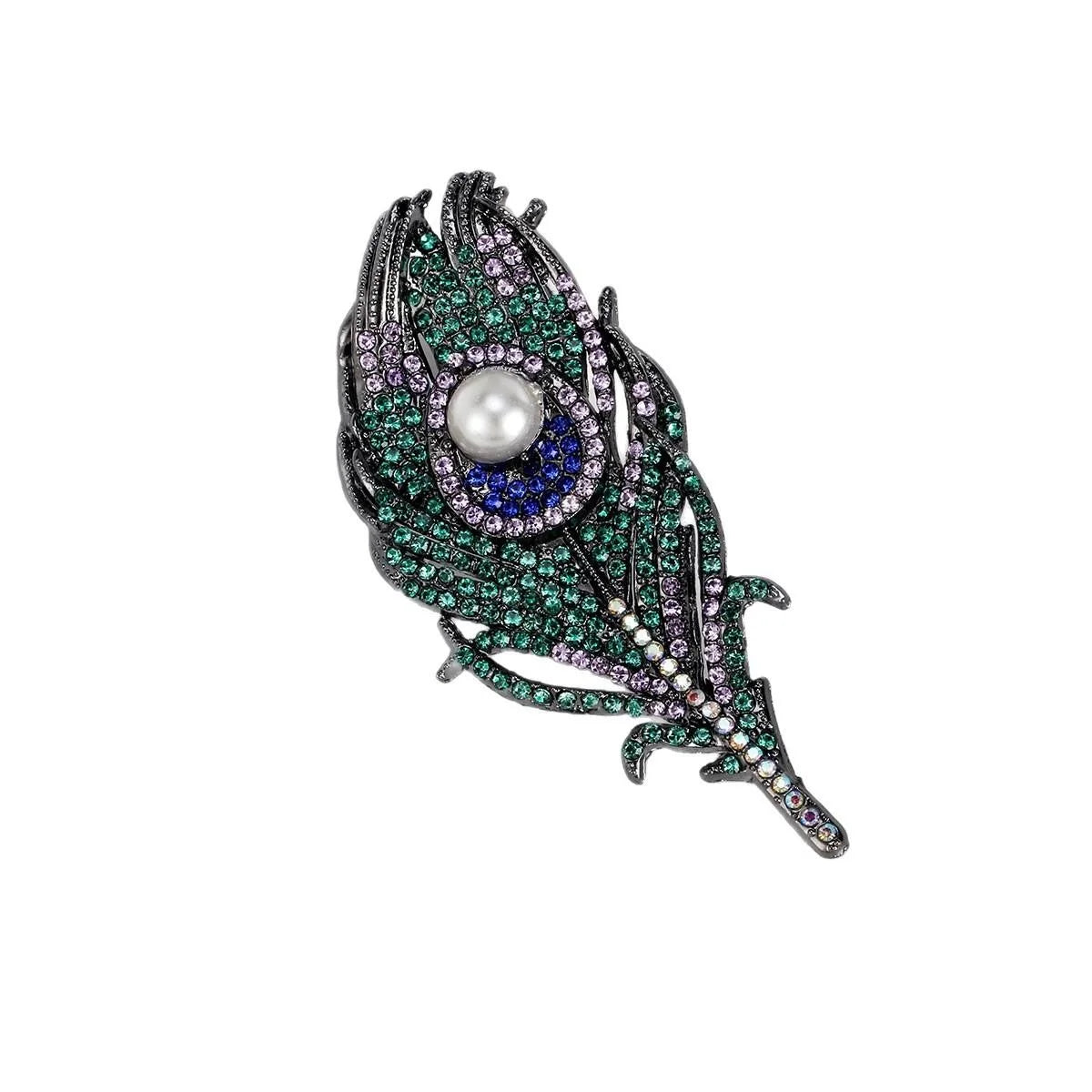 Vintage Peacock Feather Eye Brooch With Pearl And Green Rhinestones, Luxury Lapel Pin Suit Accessory