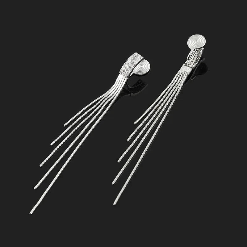 Elegant Rhinestone Spiral Disc Long Tassel Chain Stud & Clip On No Piercing Alloy Drop Earrings