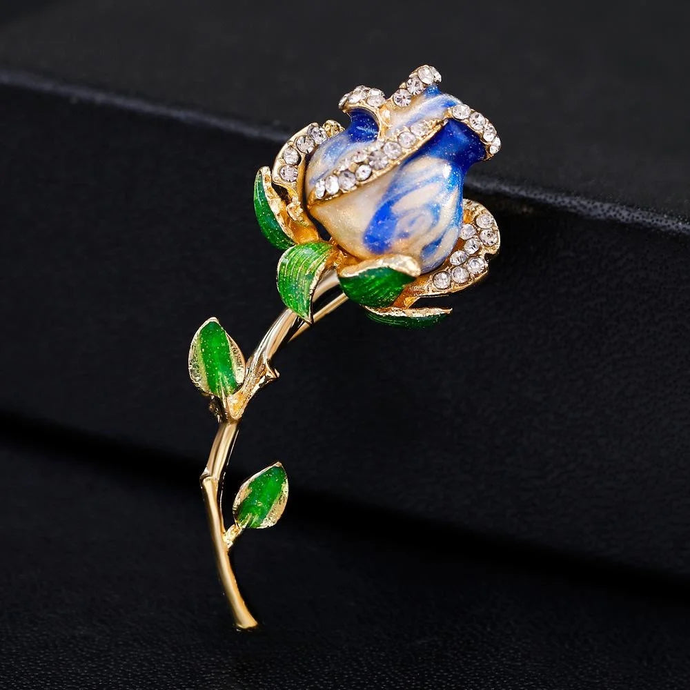 Elegant Blue Enamel Rose Flower Brooch With Rhinestones, Gold Tone Alloy Lapel Pin Corsage Gift For Women