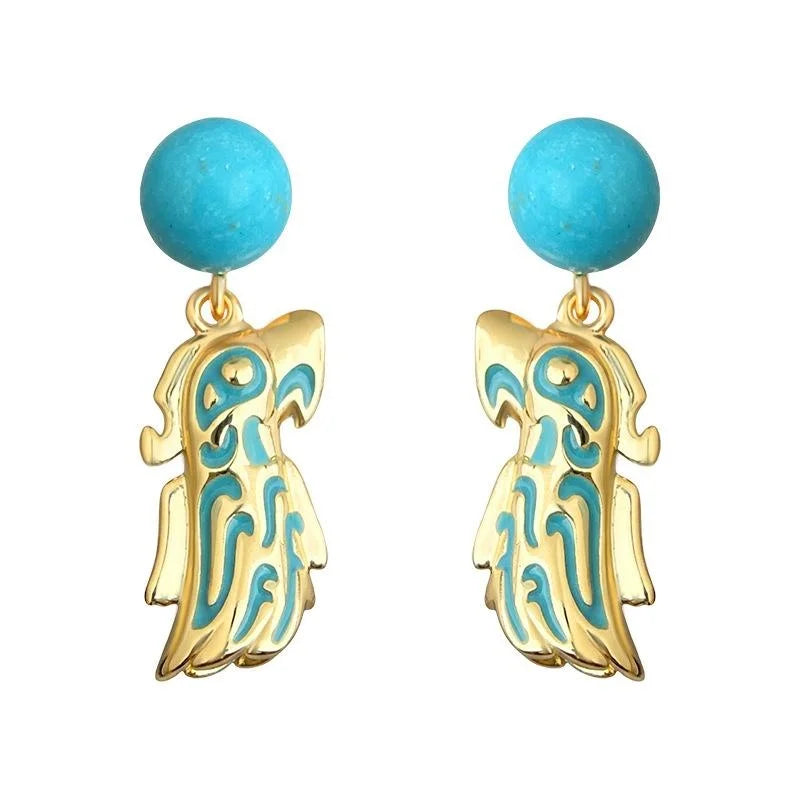 Vintage Palace Style Synthetic Turquoise Round Drop Earrings With Antique Bronze Design