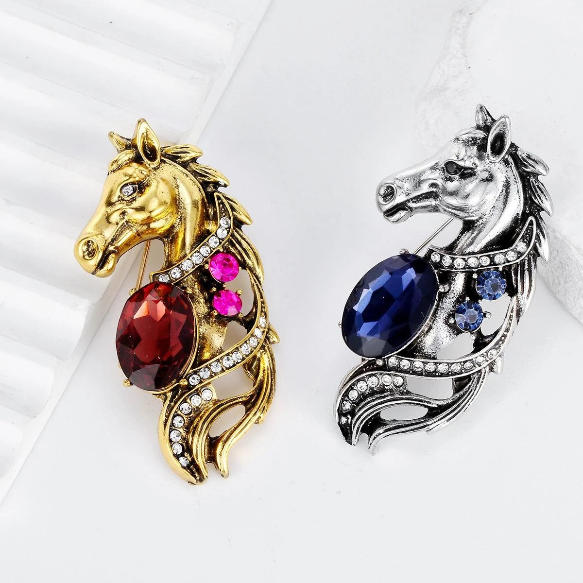 Vintage Horse Head Brooch With Blue Rhinestone And Antique Silver Alloy, Elegant Lapel Pin Suit Accessory