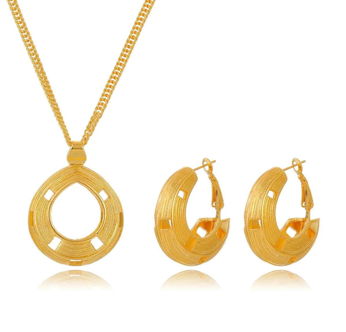 24K Gold Plated Alloy Geometric Pendant Necklace And Hoop Earrings Jewelry Set Luxury Wedding Party Jewelry Gift