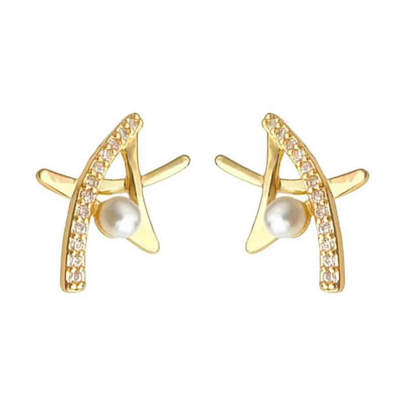 Minimalist Hollow Star Pearl Stud Earrings With Micro Pave Zircon, Geometric Everyday Jewelry