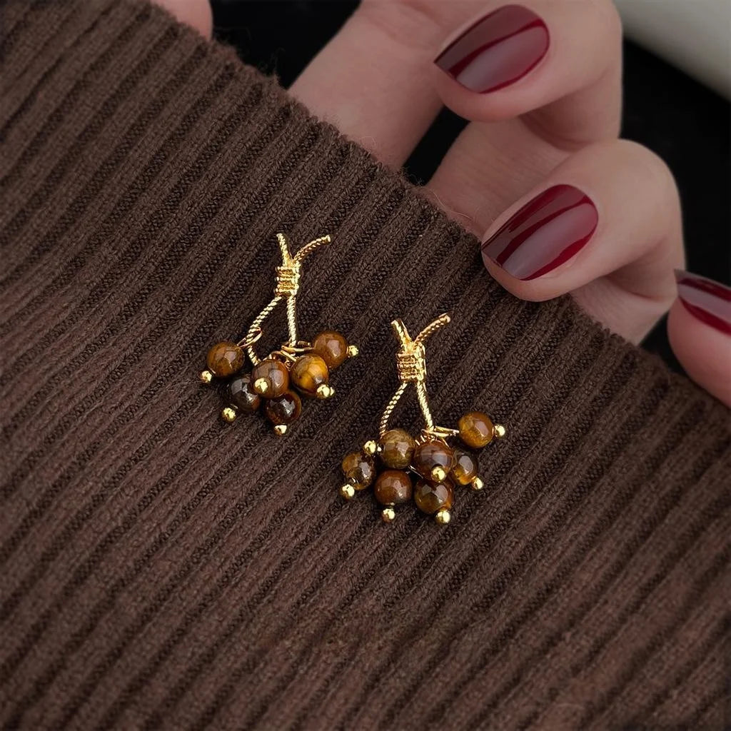 Maillard Vintage Copper Tiger Eye Rope Knot Tassel Grape Cluster Drop Earrings
