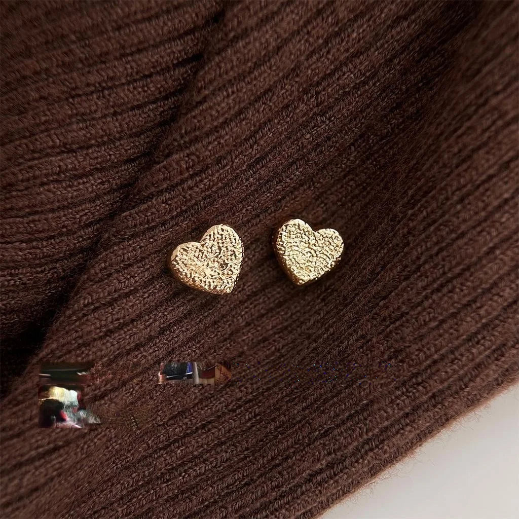 14K Electroplated Matte Mini Heart Stud Earrings For Women Copper Jewelry