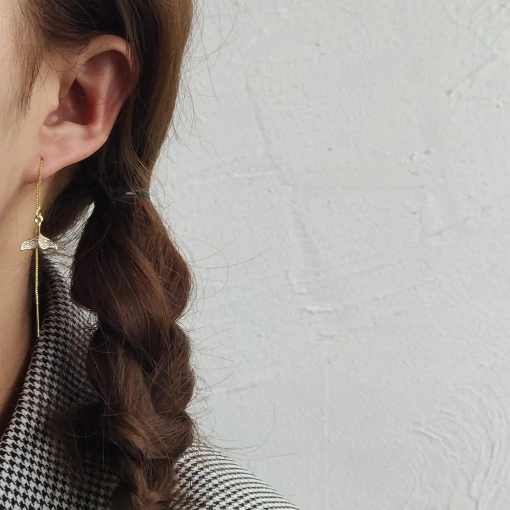 14K Gold Plated Copper Fishbone Drop Earrings With Micro Pave Zircon, Premium Fishtail Ear Thread Jewelry