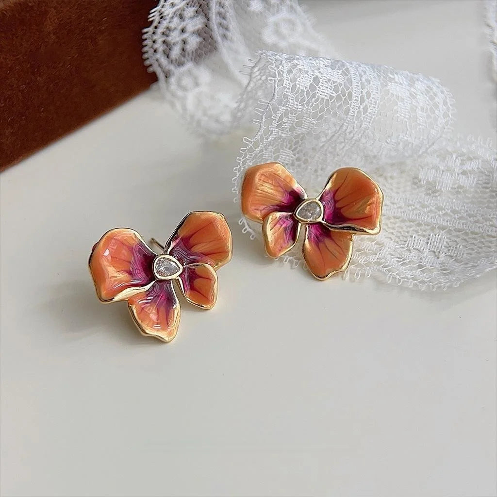 French Vintage Enamel Ombre Iris Flower Drop Earrings, Copper