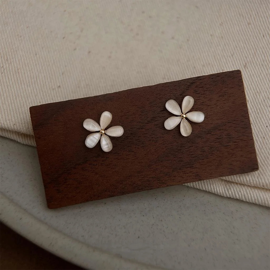 14K Gold Plated Copper Glass Cat Eye Flower Stud Earrings Sweet Forest Style Jewelry