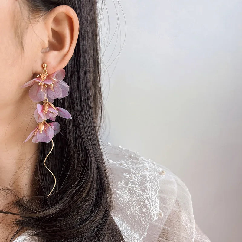 Elegant Pink Flower Alloy Tassel Stud & Clip On No Piercing Luxury Fairy Statement Drop Earrings