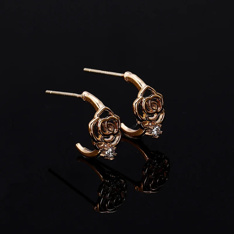 Elegant Gold Tone Alloy Rose Flower Spiral Disc Zircon Stud & Clip On No Piercing Small Hoop Earrings