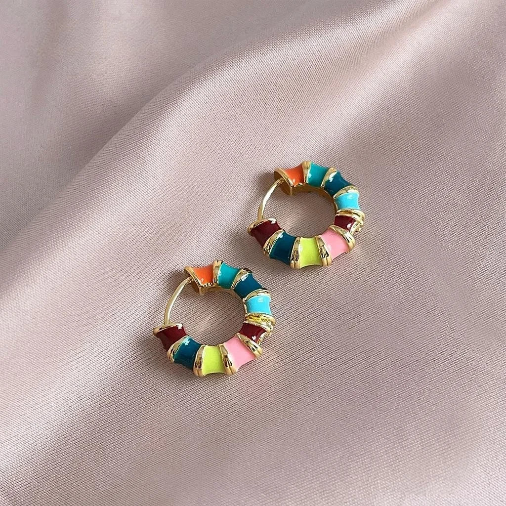 Ethnic Colorful Enamel Copper Hoop Stud Earrings Candy Color Geometric Jewelry