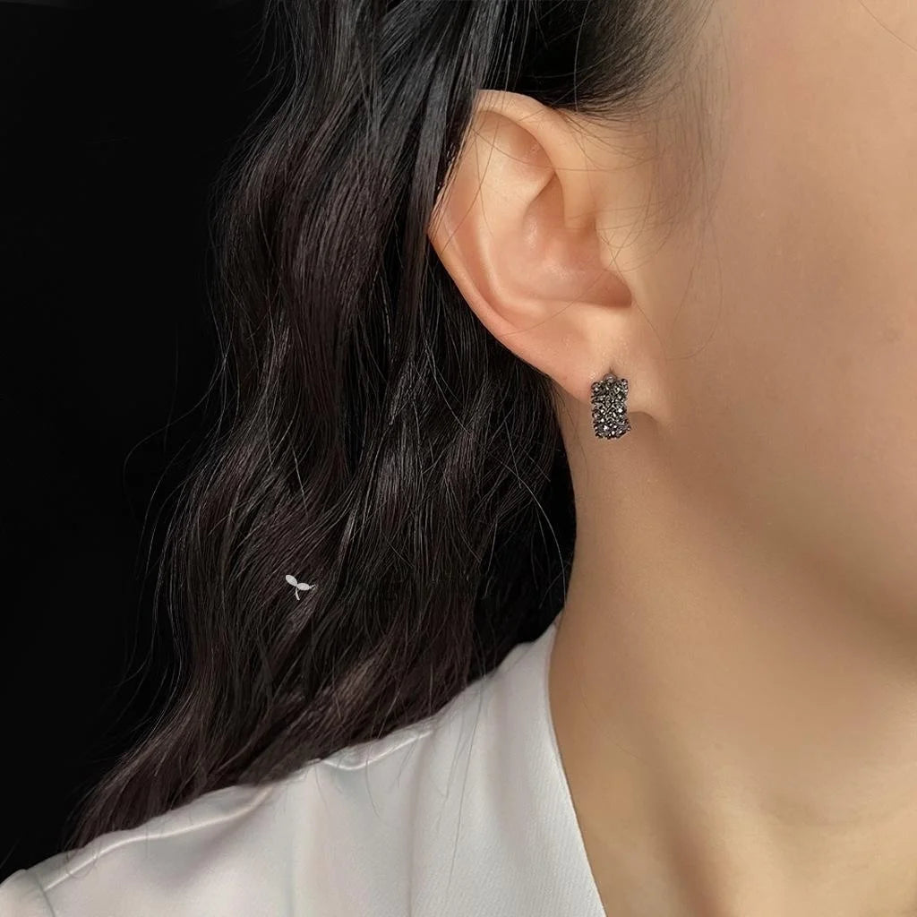 Dark Pave Rhinestone Geometric Square Alloy Stud Earrings For Women, Silver Plated Korean Style