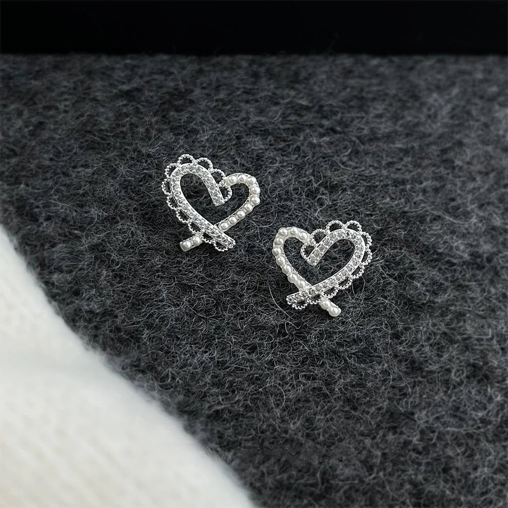 Copper Zircon Pearl Heart Lace Stud Earrings, Sweet Fairy Style Jewelry