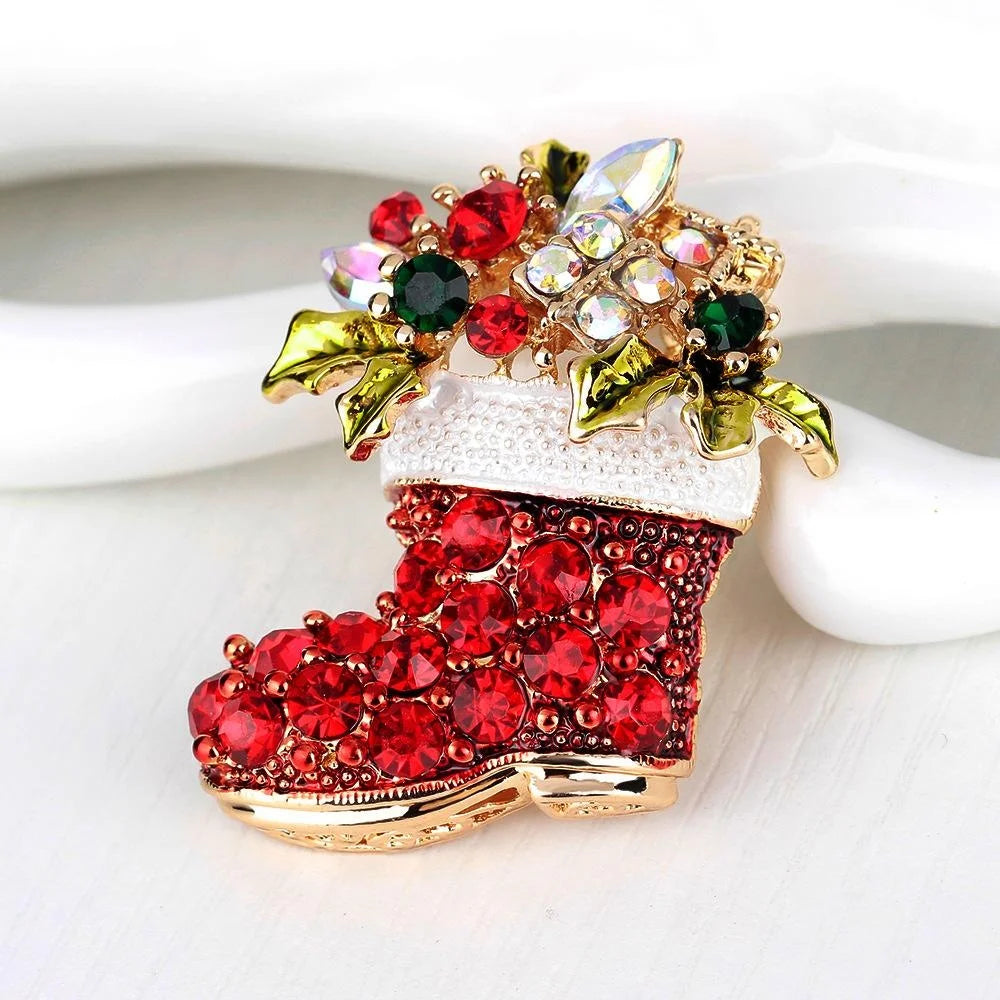 Luxury Christmas Boot Brooch With Red Rhinestones, Enamel Holly And Alloy Lapel Pin Corsage Gift