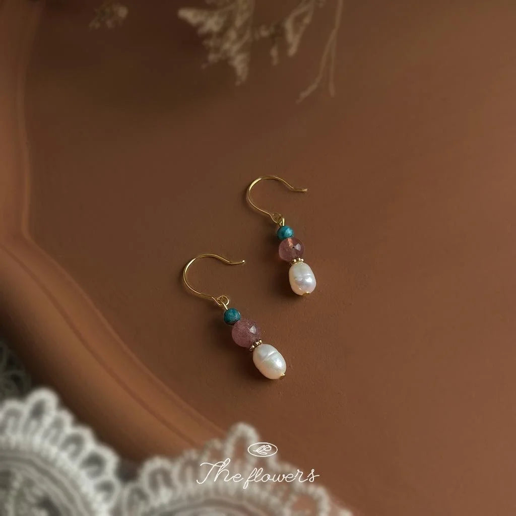 Handmade Freshwater Pearl Strawberry Quartz Drop Earrings Light Luxury Geometric Round Design