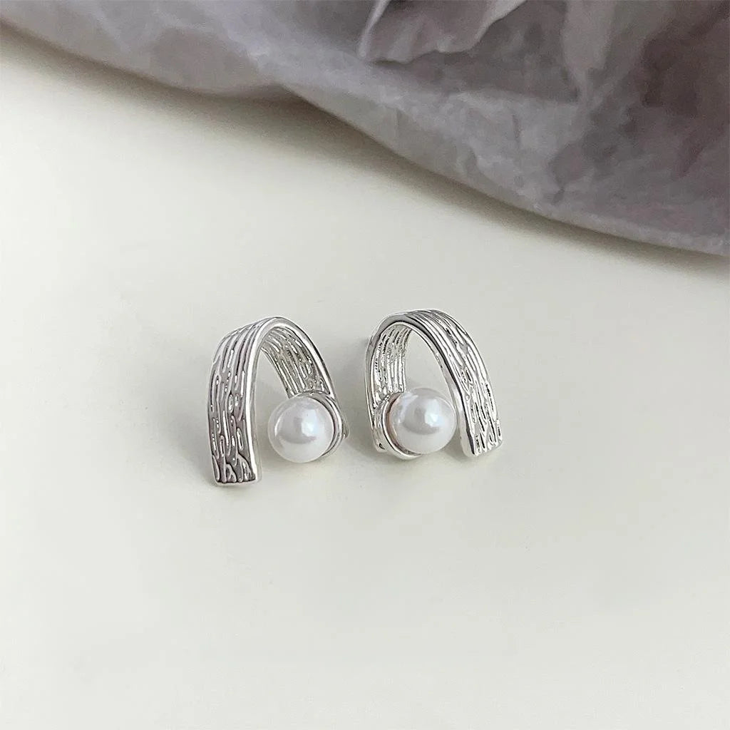 Niche Designer Geometric Textured Copper Glass Pearl Drop Earrings For Women Ring Line Fashion Jewelry